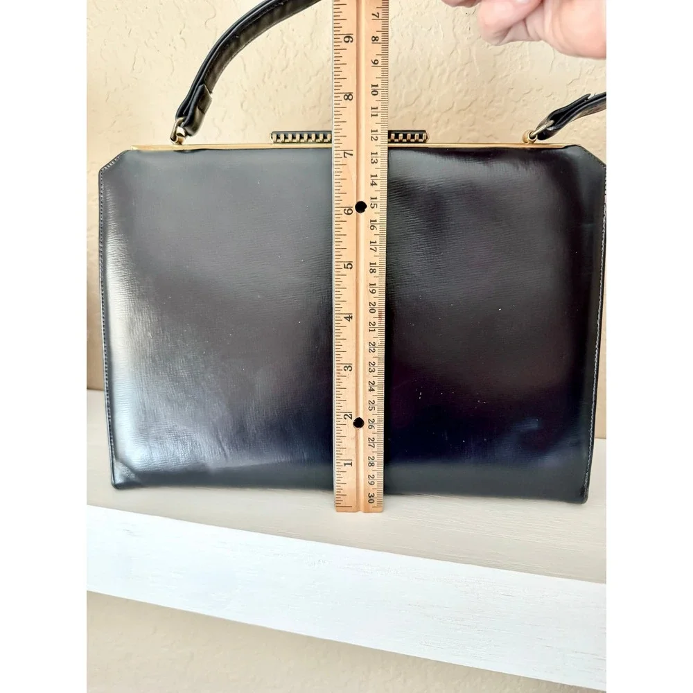 VINTAGE I. MAGNIN & CO. NAVY BLUE LEATHER TOP HANDLE FRAME‎ HANDBAG PURSE